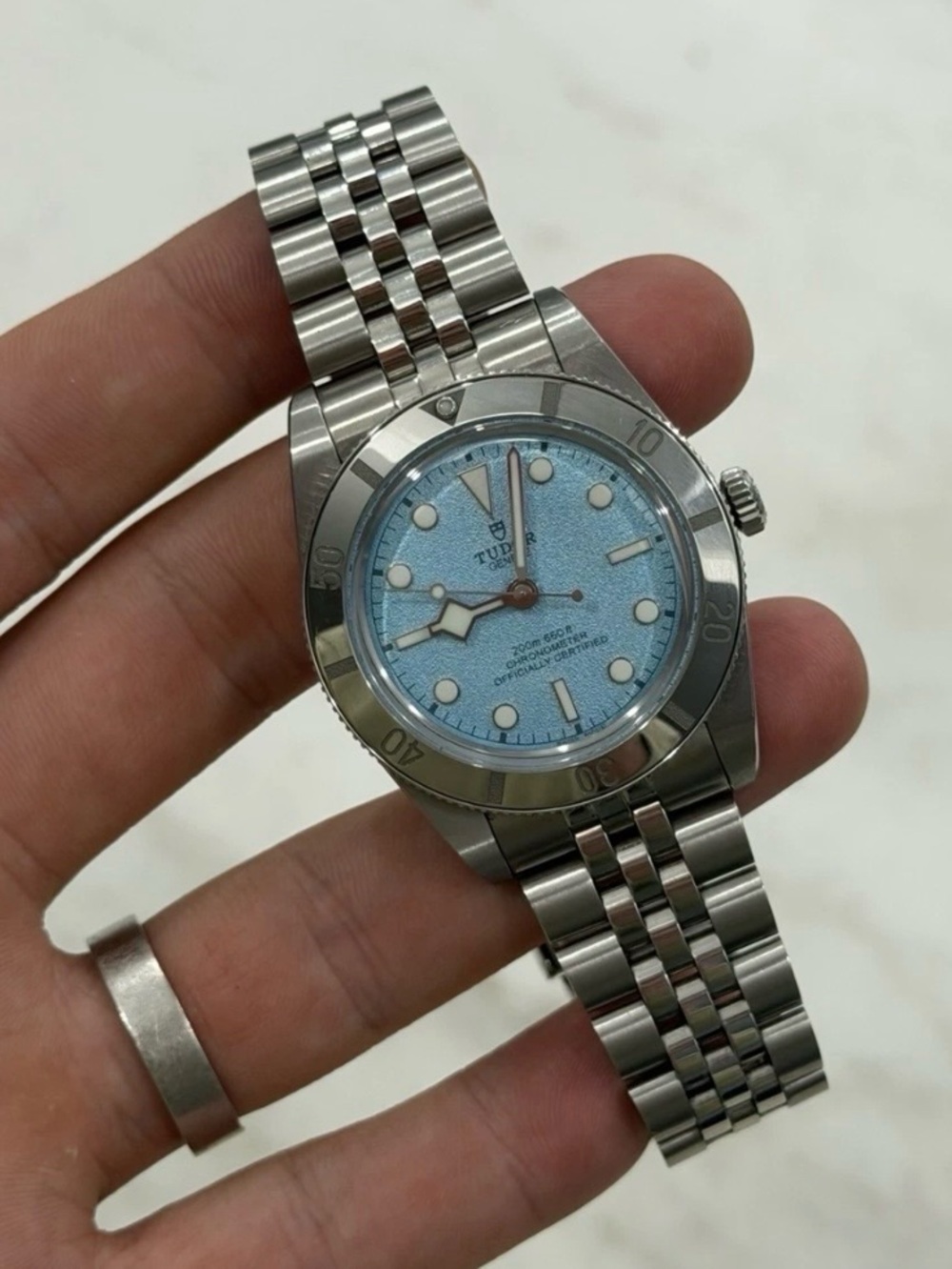 Tudor Stainless Steel Watch with Ice Blue Dial and Jubilee Bracelet